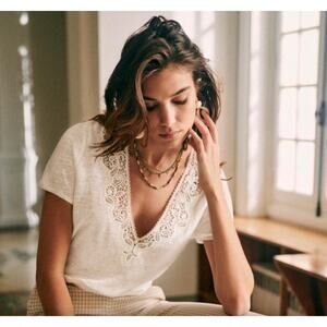 SEZANE Mina Linen Embroidered Lace Shirt Ecru White XS